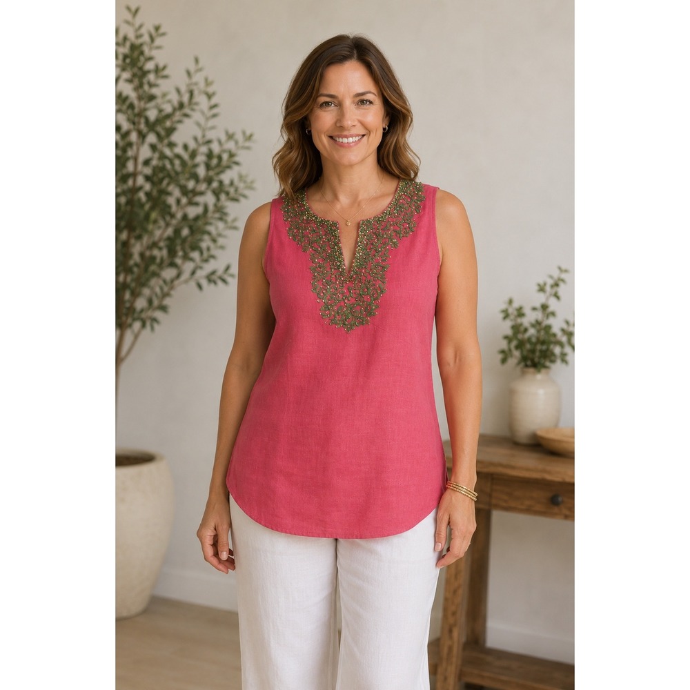 NWT Lafayette 148 New York Linen Blouse Women 14 Petite Pink Hand-Beaded Luxury